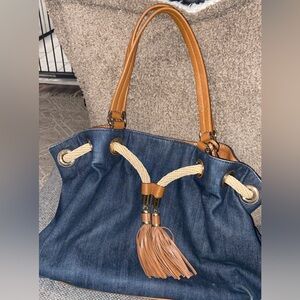 Stylish Denim and Tan Tote Bag
